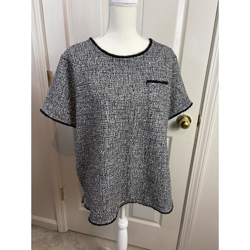 Ava & Viv Tweed Top Women 1X Multi Color Fringe Short Sleeve Blouse Zipper Back